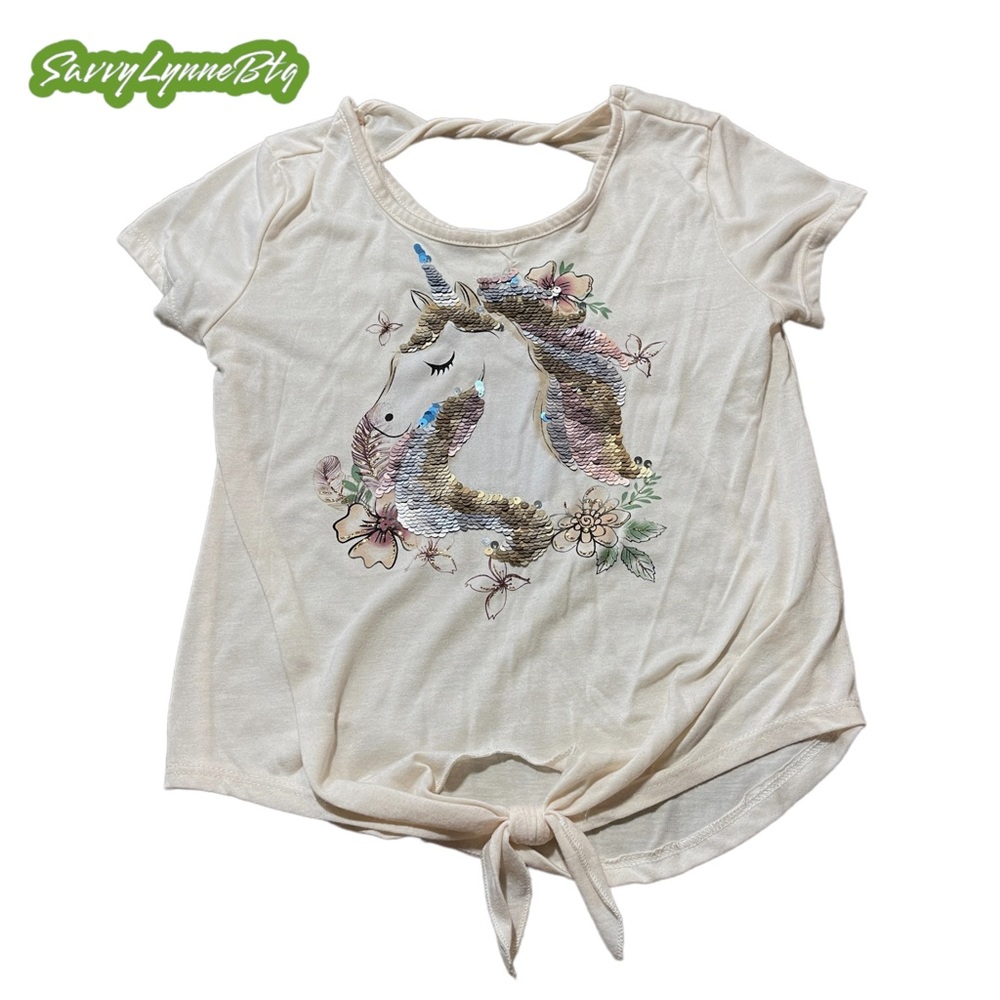 3/$20 BEAUTEES Big Girls Unicorn Tie Front Top Beige L (10)